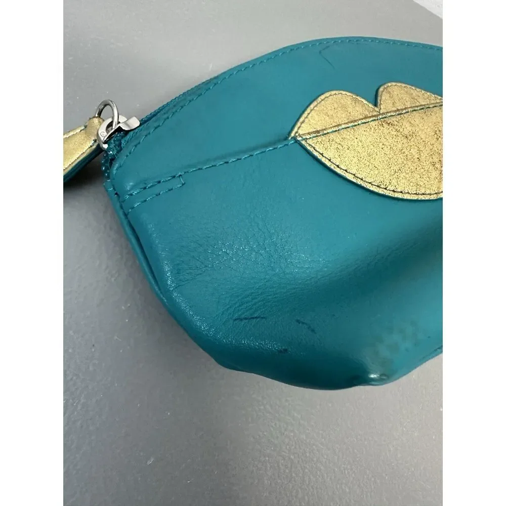 ili New York Hot Lips Cosmetic Case Turquoise‎ /Gold RFID Blocking Leather #30